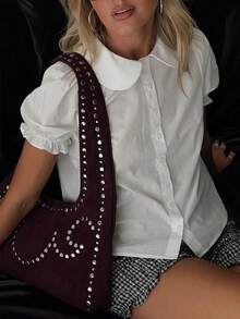 Ladies Doll Collar Short Sleeve Blouse, Suitable For Summer Commuting, Dating Or Daily Wear, Creating A Sweet And Age-Reducing Atmosphere, Can Be Paired With High-Waisted Skirts Or Jeans, Showing A Fresh And Elegant Style - 白色 - 查看 2