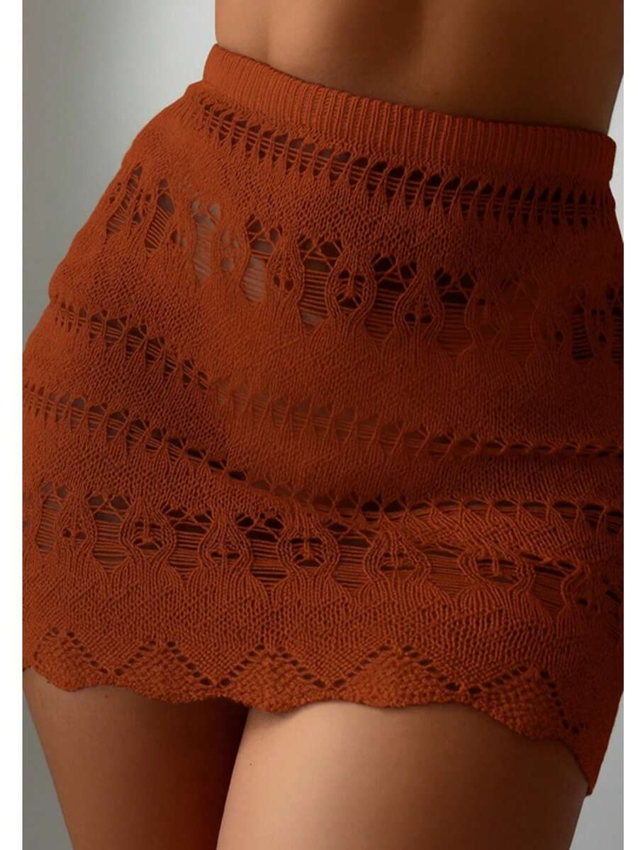 Beach Cover-Up: Lace Crochet Knit Skirt With Elastic Waistband And Adjustable Waistband - Màu nâu  Mocha - Xem 1
