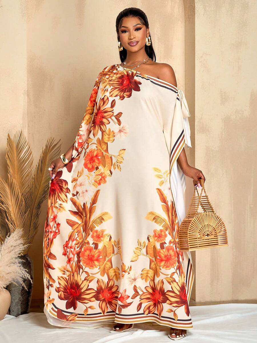 BIUBIU Women's Plus Size Orange Floral Elegant One-Shoulder Loose Long Robe Dress Casual Vacation Fashion Maxi Dress - Apricot Orange - View 1