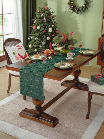 1 pieza Camino de mesa navideño de terciopelo bordado en verde, bufanda para cama, decoración navideña