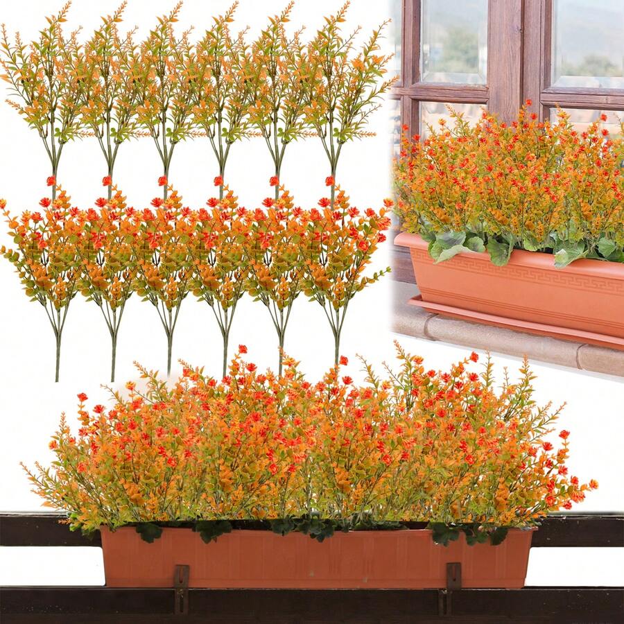 6/12 Packs Decorative Artificial Fall Flowers Durable UV Resistant Autumn Faux Plastic Plants Reusable Yellow Greenery Plant For Home Wedding Garden Fireplace Outdoor Decoration