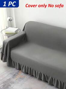 1pc Solid Color Ruffle Trim Sofa Slipcover, Minimalist Polyester Multi-size Stretchy Sofa Cover For Living Room, Bedroom, Home Office