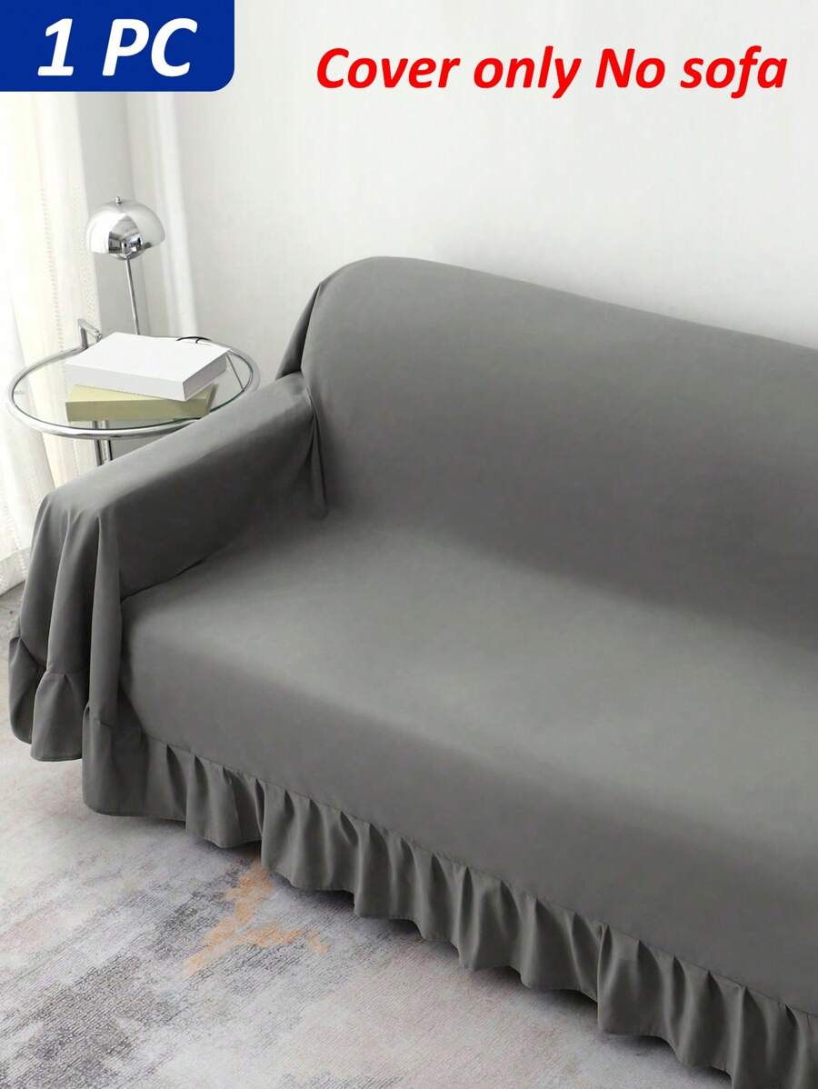 1pc Solid Color Ruffle Trim Sofa Slipcover, Minimalist Polyester Multi-size Stretchy Sofa Cover For Living Room, Bedroom, Home Office