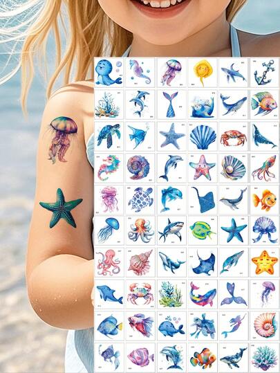 30 piezas de tatuajes temporales impermeables con diseños de dibujos animados, como peces, pulpos, medusas, ballenas, tiburones y otros temas marinos, para arte corporal lindo y falsos tatuajes
