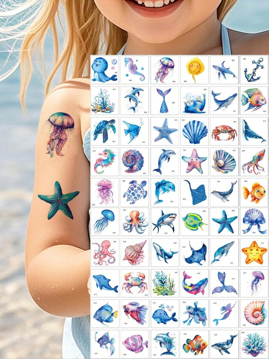 30 片防水卡通纹身贴，鱼、章鱼、水母、鲸鱼、鲨鱼海洋主题图案临时纹身，适合身体艺术，可爱假纹身 - 彩色 - 查看 1