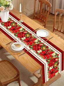 1pc 35*180cm/13.78*70.87inch Christmas Table Runner, Holiday Fabric Decor Tablecloth, Red Bow & Christmas Flower Pattern Long Table Topper, Suitable For Christmas Home Decoration