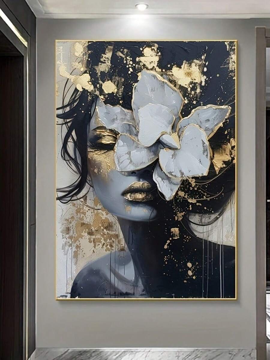 Large Modern Golden And White Floral Portrait Canvas Art Print - Unframed, Ideal For Living Room, Bedroom, Office Decor, Perfect Holiday Gift, Living Room Art | Modern Wall Art | Frameless Canvas, Wall Decor - Multicolor - View 1