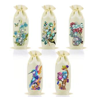 1 套 5D 白钻石画酒袋刺绣套件，红酒/香槟装饰袋钻石画套件 - 钻石刺绣、蝴蝶、花瓶、蜂鸟、猫头鹰图案，节日派对礼物