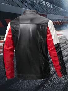 1pc Men's Motorcycle Style Leather Jacket, Black Base With Red & White Color Blocking. Stand Collar Slim Fit Jacket, Sports Casual Motorcycle Jacket, Fall - Black - View 2
