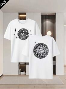 Disco Ball Graphic, Men's T-Shirt With Double-Sided Print, Fashion, Casual, Round Neck, 220 G/M2, Pure Cotton (1 Piece)