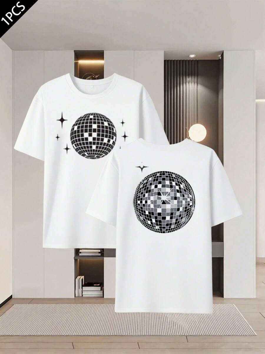 Disco Ball Graphic, Men's T-Shirt With Double-Sided Print, Fashion, Casual, Round Neck, 220 G/M2, Pure Cotton (1 Piece)