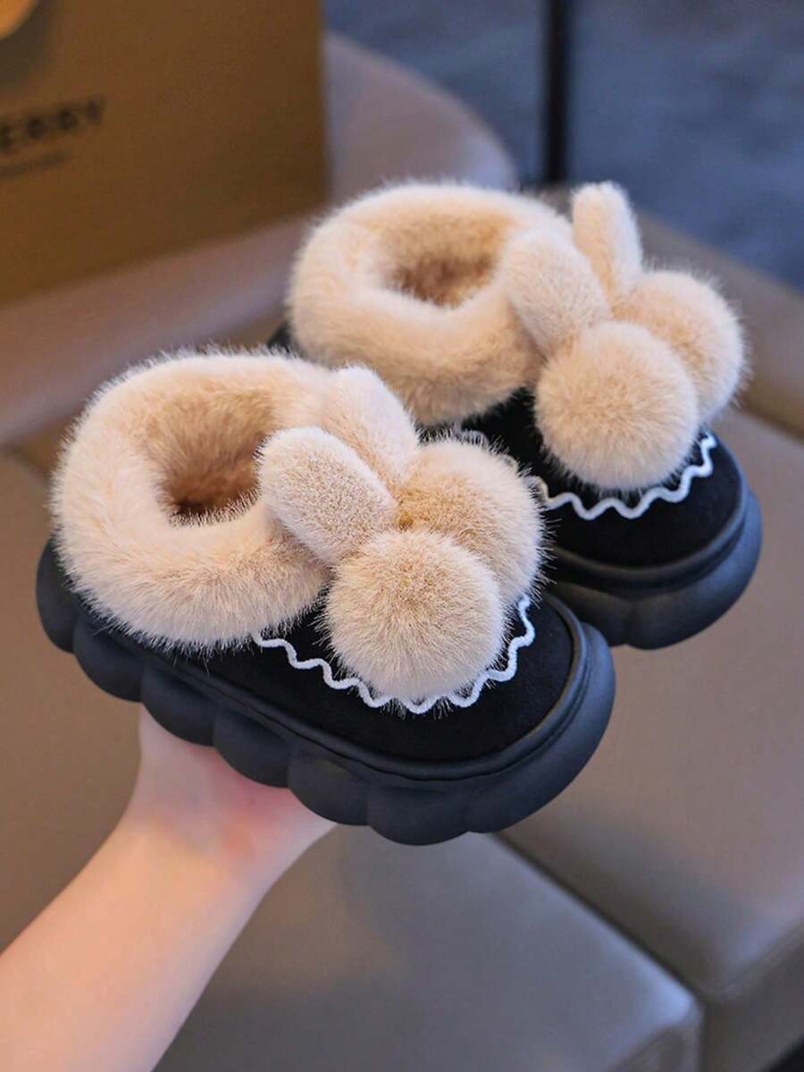 1 Pair Soft Plush Double Ball Kids Slippers - Warm Comfortable Indoor Winter Shoes For Boys And Girls, Cute And Cozy Home Slippers, Children Indoor Shoes With Soft Cushion