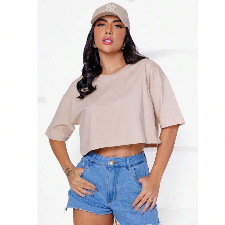 Women's Basic Cropped T-Shirt In Plain Cotton Knit - Beis - Ver 1