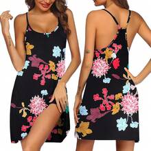 Women's Racerback Sleeveless Nightgown, Sleepwear - Black Red Flower - View 11