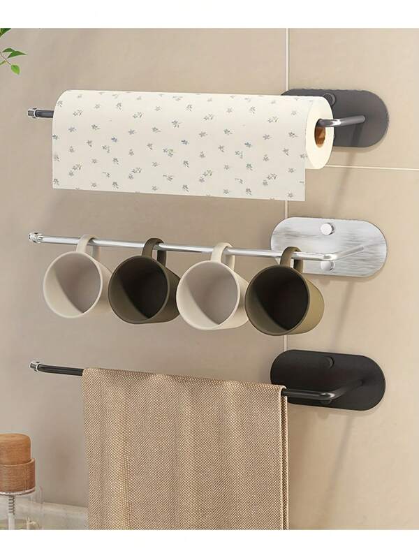 1pc Self-Adhesive Paper Towel/Cling Film Holder, Wall-Mounted Tissue Paper Rack, Self-Adhesive Cabinet Organizer Rack, Bathroom Paper Roll Holder, Bathroom Accessories