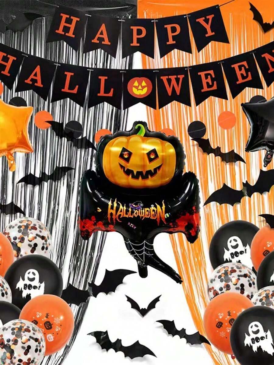 1pc Black & Orange Splice Beaded Curtain, Halloween Backdrop Decor Party Tassel Splice Color Beaded Door Curtain Wall Background