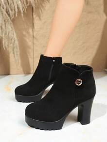 Women's New Autumn/Winter Suede Thick-Sole Wedge High Heel Ankle Boots, Fashion & Comfortable, Side Zipper, Metallic Heart-Shaped Decor Buckle On Outer Side,Platform Heels For Women - Black - View 4