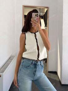 Vivid Style Women's Simple Crew Neck Niche Short Knit Cardigan Sweater Vest Vest, Handmade Sewn Edge Design, Back To School Clothes, Cute Tops Women