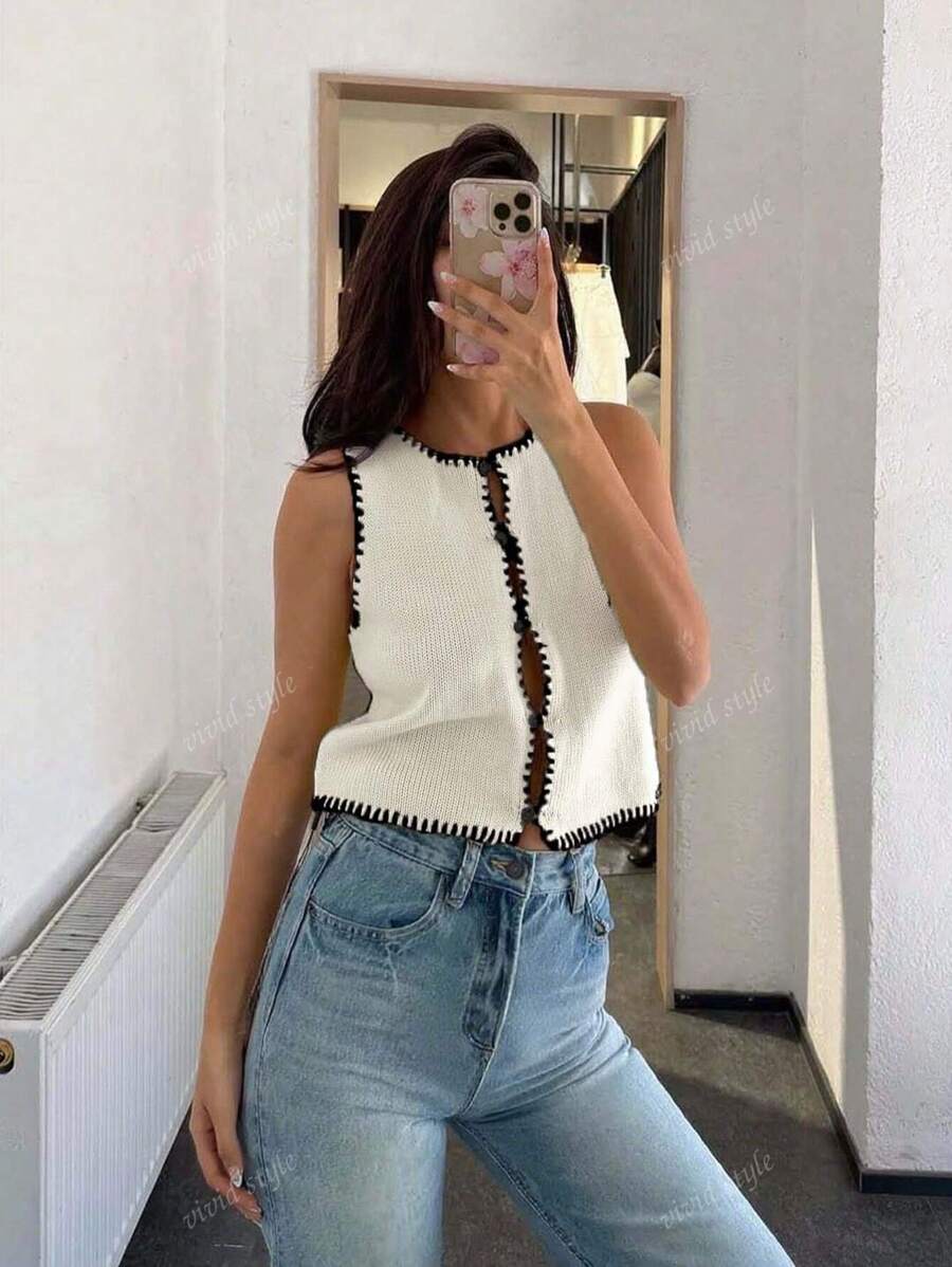 Vivid Style Women's Simple Crew Neck Niche Short Knit Cardigan Sweater Vest Vest, Handmade Sewn Edge Design, Back To School Clothes, Cute Tops Women