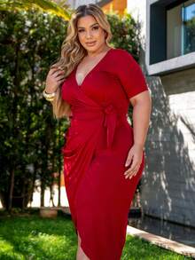 Plus Size Dress Short Sleeve Loose Comfortable Adjustable V Neckline - 紅色 - 查看 7