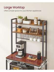 Kitchen Storage Rack With Power Outlet, Coffee Bar, Baker's Rack, With Metal Wire Panel, 14 Hooks, For Microwave, Steel Frame, 40 X 80 X 170 Cm, Rustic Brown And Ink Black - UK Plug(220-240V) - View 4