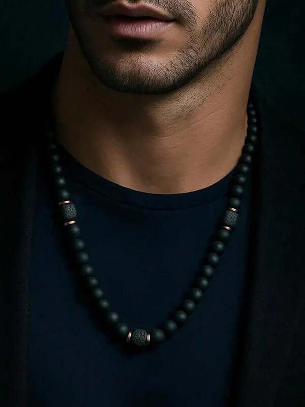 1pc Men's Necklace, Matte Black Necklace, Cubic Lava Necklace, Men's Bead Necklace, Bohemian Style