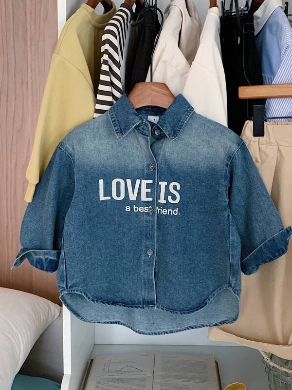 2-25 Autumn New Kids Letter Collar Denim Shirt, Retro Style For Boys And Girls