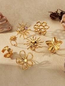 1 Stück Edelstahl Blume Offene Ringe Für Frauen 18K Vergoldet Ring Weibliche Ästhetischen Schmuck Geschenke, Cut Out - Goldgelb - Übersicht 2