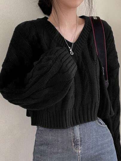 Korean Style Vintage Cable Knit Cropped Long Sleeve Sweater Top For Women
