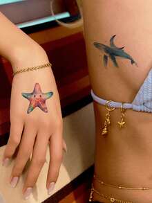 30 片防水卡通纹身贴，鱼、章鱼、水母、鲸鱼、鲨鱼海洋主题图案临时纹身，适合身体艺术，可爱假纹身 - 彩色 - 查看 3