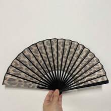 1pc Elegant Leopard Print Bamboo Folding Fan With Black Frame, Fashion Princess Theme, Lightweight Portable Hand Fan For Ladies, Suitable For Summer Travel, Beach And Daily Use