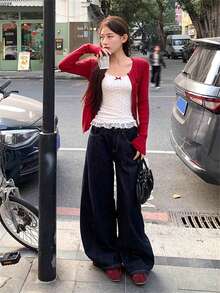 Áo len cardigan dệt kim ôm vừa vặn màu đỏ dành cho nữ, áo len mỏng đa năng gợi cảm mùa thu/đông mới, thích hợp cho Giáng sinh, năm mới, đi làm và đi chơi - Đỏ - Xem 4