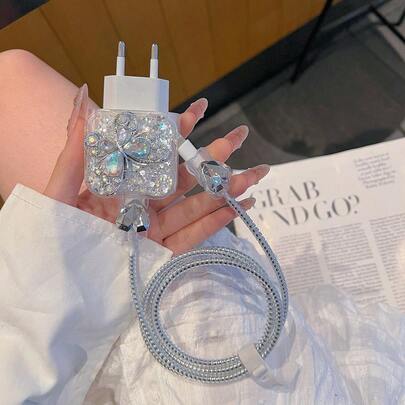 5件套银色蝴蝶图案[20W欧规充电器保护套]适用于 13/14/15/16 Pro Max/Plus，透明充电器头保护套+防摔数据线保护套