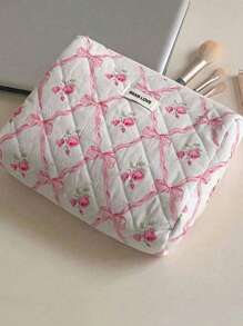 3pcs/Set Pink Bow Knot & Rose Design Quilting Cosmetic Bag, Fashionable Portable Makeup Bag, Multi-Functional Storage Bag For Lipstick, Sanitary Napkin, Coins, Keys Etc, Large Capacity Lovely Wash Bag For Travel Organizer Cosmetic Bag For Travel, Mother's Day Gift Back To School Autumn University Essentials Travel Essentials Holiday Vacation Travel Bag For Women Makeup Organizer