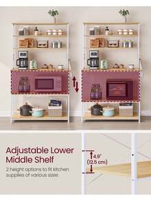 Kitchen Storage Rack, Coffee Bar, Baker's Rack, Total 6 Shelves And 6 Hooks, For Microwave, Steel Frame, Industrial, 40 X 100 X 167 Cm, Oak Colour And White - Kuning - View 5