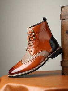 New Brogue Leather Shoes Men, British Style Business Wedding Shoes - Brown - View 1