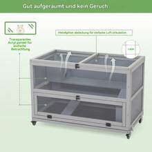 Jaula túnel de madera para hámster (90 x 50 x 60 cm), jaula para ratas con ventana acrílica y rejilla metálica, jaula para degú con ruedas y tapa abatible, terrario para animales pequeños en gris.