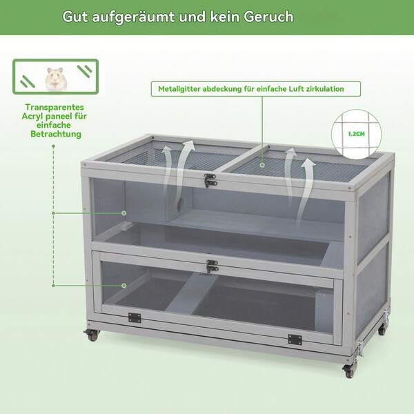 Jaula túnel de madera para hámster (90 x 50 x 60 cm), jaula para ratas con ventana acrílica y rejilla metálica, jaula para degú con ruedas y tapa abatible, terrario para animales pequeños en gris.