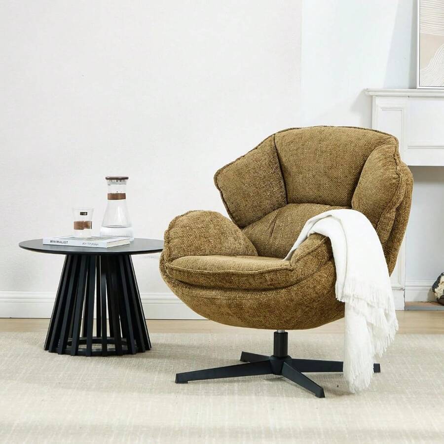 Chairus Lounge Chair Swivel Armchair Living Room Chenille Upholstered Wingback Chair Bedroom Modern Armchair Cocktail Chair - 黃色 - 查看 1