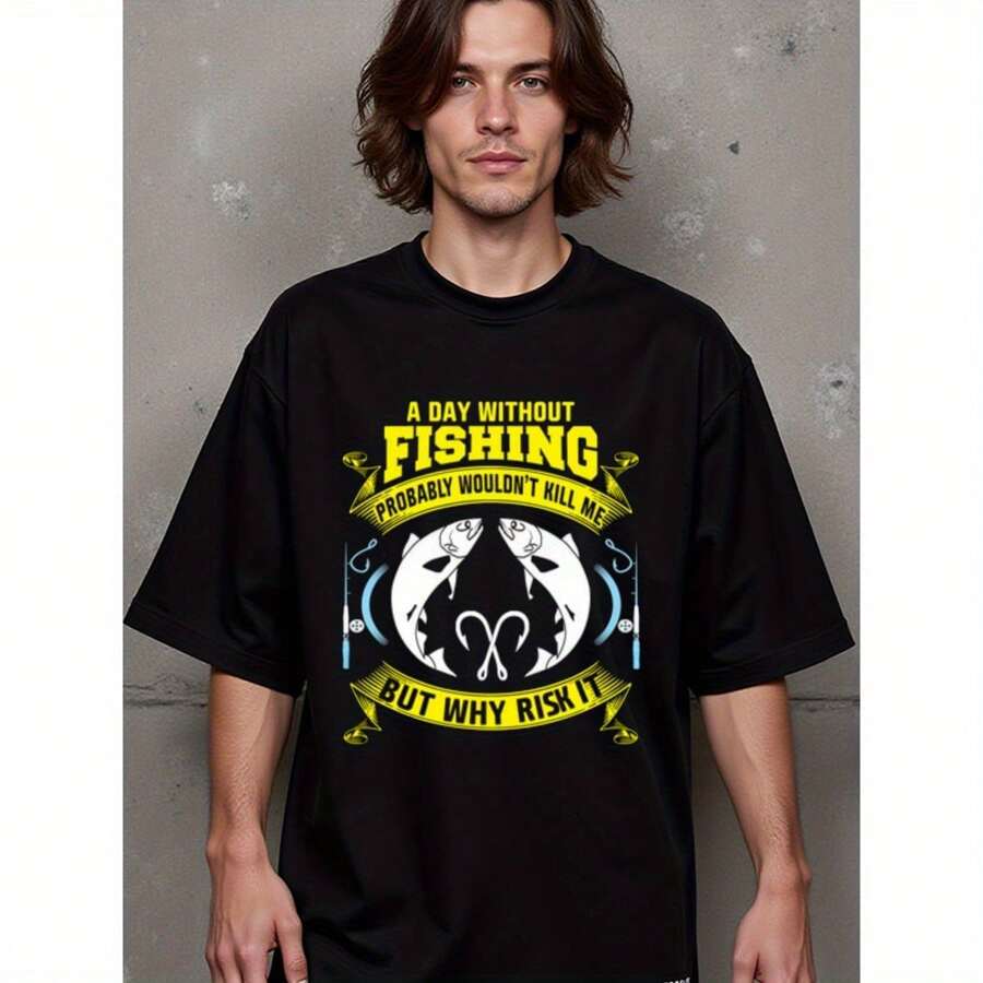 Fashionable Natee [Fishing Rods Graphic Tee] Fashiony Pesca Clothes Graphic T Shirt - Fishing Rods Are Like Potato Chips You Can't Have Just One - Cotton Short Sleeve Tee - 黑色 - 查看 1