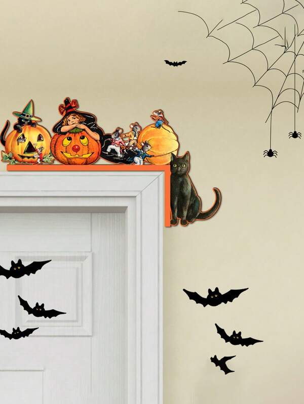 Decor de Halloween pentru cadru de ușă din lemn de 7,87 inci, 1 semn elegant din lemn pentru agățat cu pălărie de vrăjitoare, păianjen, elemente de dovleac - Artă murală universală pentru sărbători pentru casă, casă la țară, sufragerie, cafenea, bar