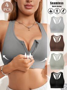 4-częściowy wielokolorowy bezszwowy biustonosz sportowy z zamkiem błyskawicznym z przodu, cienki, wyściełany, z tyłu w kształcie litery I, z wyciętymi plecami i oddychającą siateczką rybacką