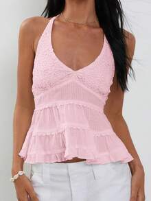 Women Lace Floral Embroidery Halter Top Sleeveless Ruffle Ruched Layered Flowy Vest Y2k V-Neck Tie-Up Backless Loose Crop Tank Top Summer Going Out Top Daily Party Club Travel Wear - Hồng - Xem 1