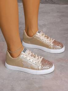1 Pair Women's Casual Sneakers, Thick Sole Color Block Fashion Skateboard Shoes, Lightweight Comfortable Minimalist Design Casual White Shoes, Autumn/Winter,Trainers Women - Gold - View 10