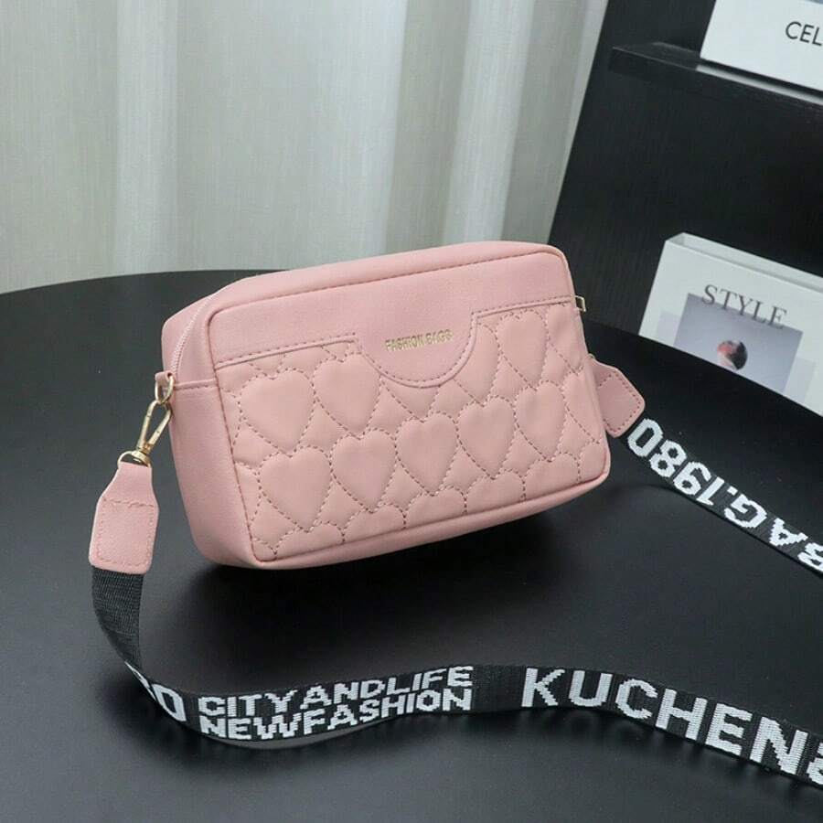 可爱粉色心形迷你斜挎包，时尚纯色女士斜挎包，轻巧简约化妆包 - 粉色 - 查看 1