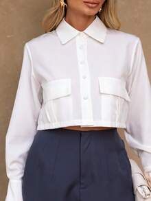 Women's Cropped Shirt | Long Sleeve Simple Polyester Buttons On The Front Daily Pocket - trắng - Xem 1