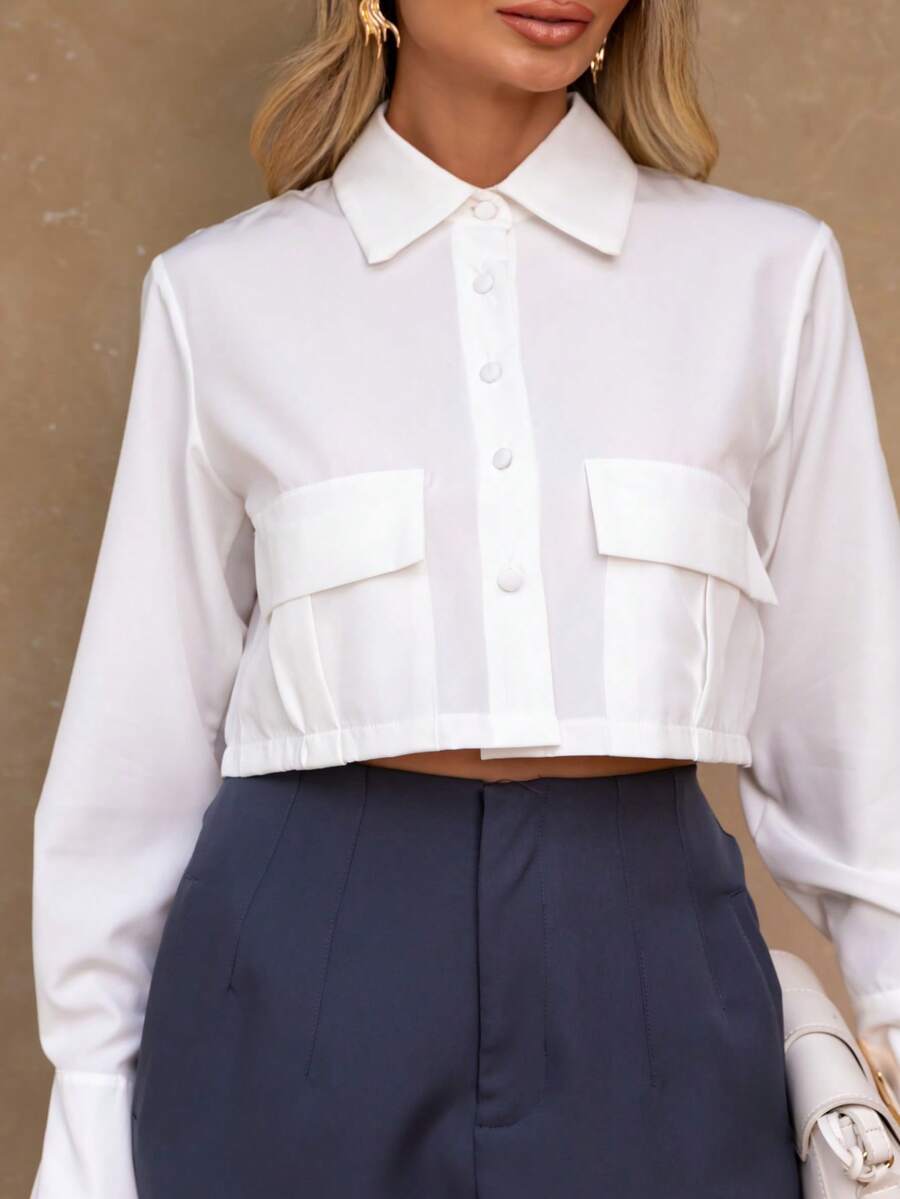 Women's Cropped Shirt | Long Sleeve Simple Polyester Buttons On The Front Daily Pocket - trắng - Xem 1