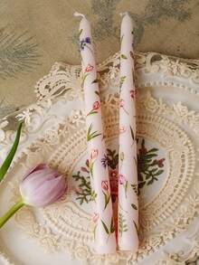 2pcs Printed Long Stem Candles, Romantic European Style Smokeless Odorless Candles, Suitable For Weddings, Birthdays, Parties, Candlelight Dinners, Home Decor