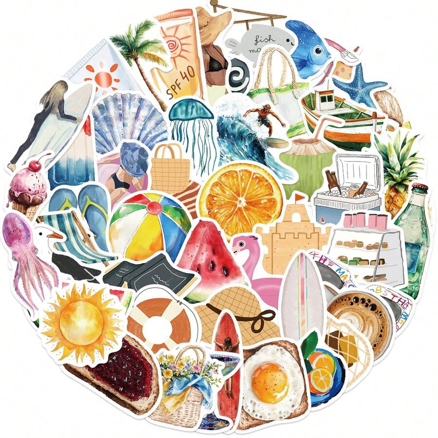 50PCS Summer Stickers Beach Stickers Tropical Stickers Pool Stickers Vacation Stickers Happy Stickers Cartoon Stickers Vinyl Waterproof Stickers For Journaling Computer Scrapbook Luggage Water Bottle Phone