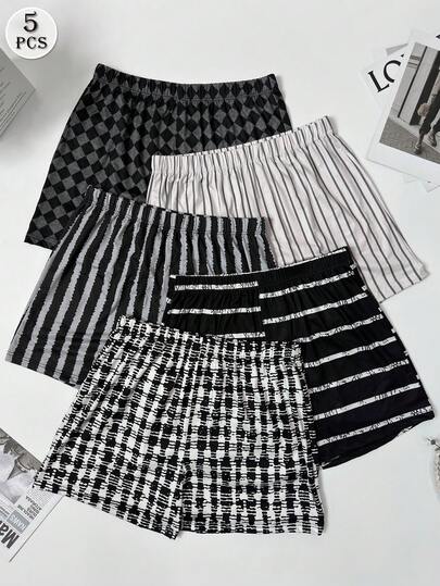 5 件/包男士格子条纹印花睡裤，松紧腰宽松休闲内衣，透气舒适平角内裤，多色套装